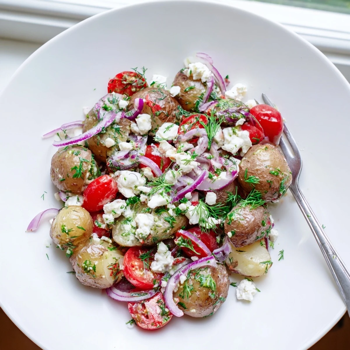 Creamy potato and feta salad topped with crumbled cheese and fresh herbs