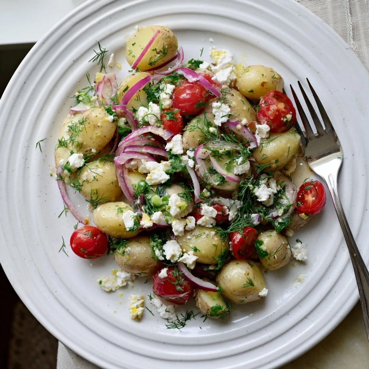 Warm potato and feta salad tossed with cherry tomatoes and lemon dressing