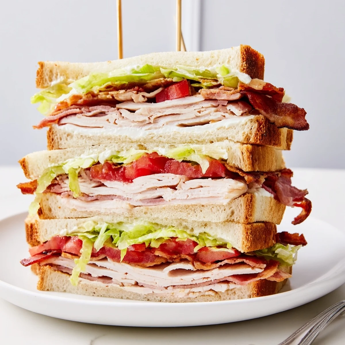 A classic club sandwich stacked high with turkey, crispy bacon, and fresh lettuce on toasted bread