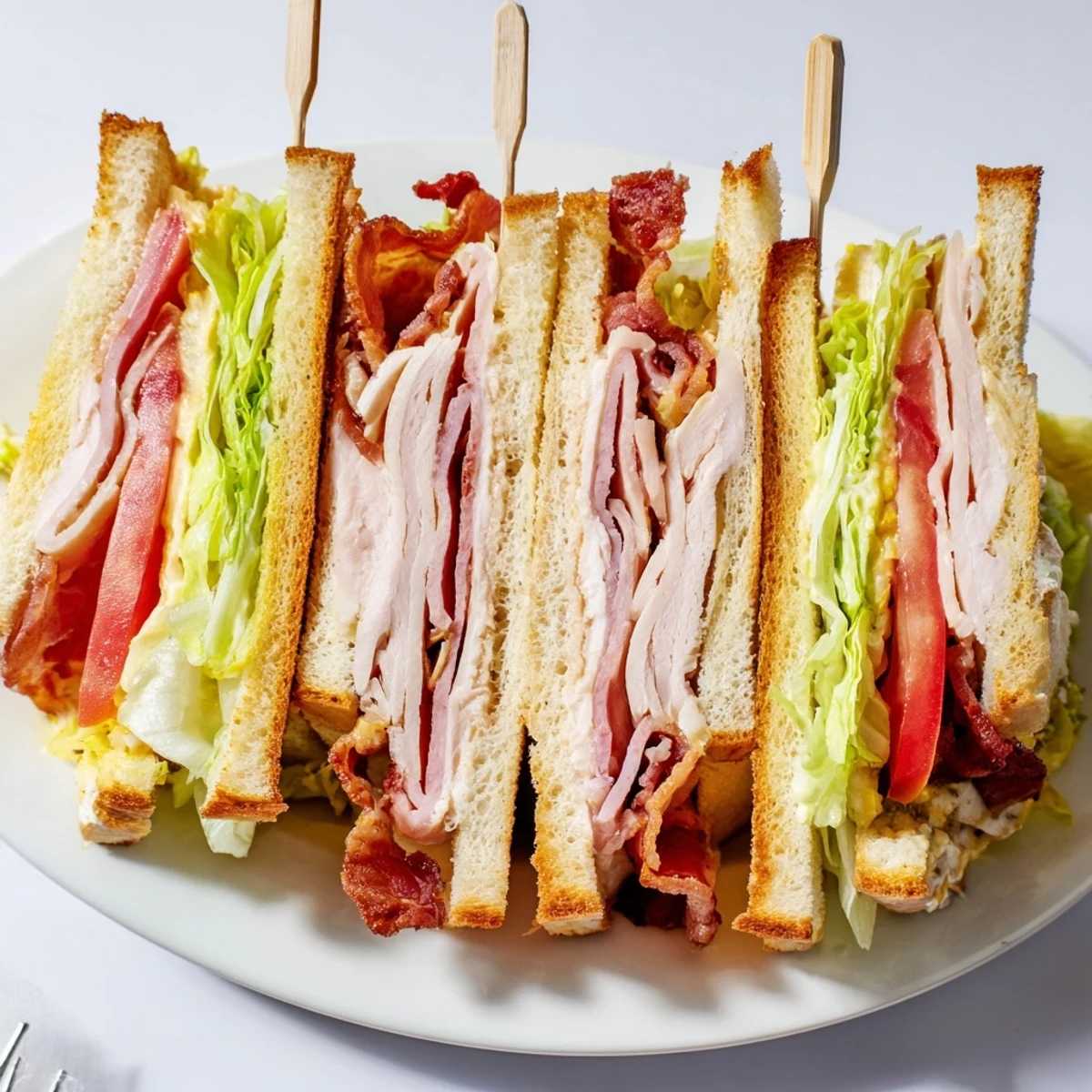 Triple-decker club sandwich featuring layers of ham, ripe tomato, and creamy mayo on golden toast