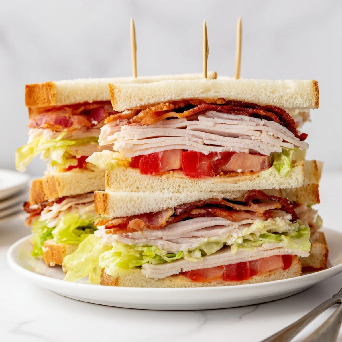 Club sandwich cut into neat diagonal quarters revealing tender chicken, crunchy bacon, and crisp iceberg lettuce