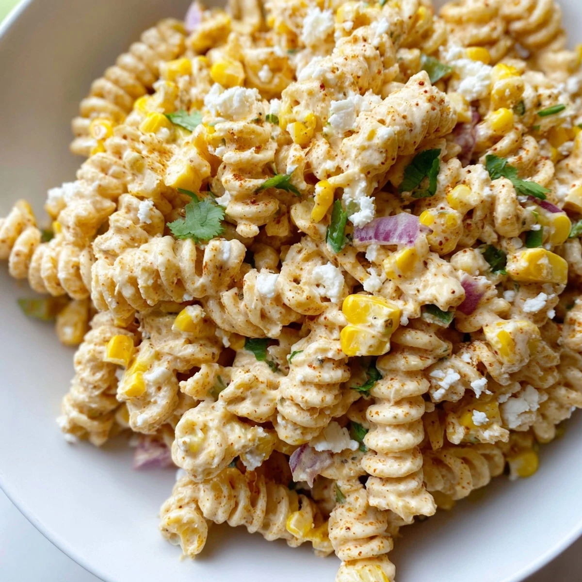 Creamy elote pasta salad loaded with charred corn, cotija cheese, and fresh cilantro