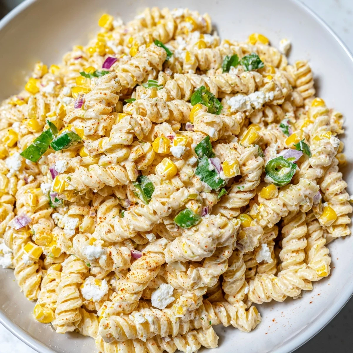 Tangy elote pasta salad topped with crumbled cheese, lime wedges, and sprinkled spices
