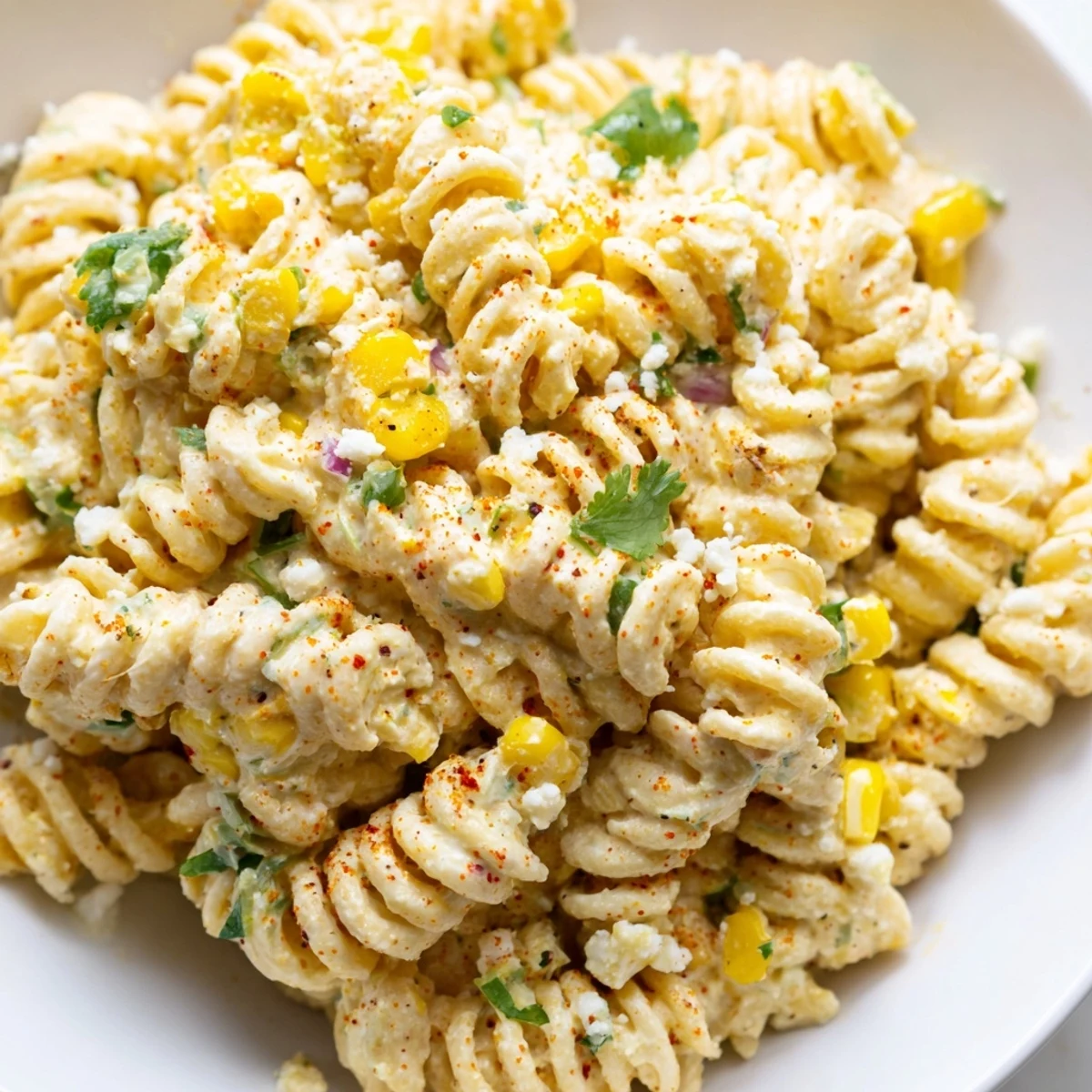 Vibrant elote pasta salad served in a bowl with golden corn kernels and creamy dressing