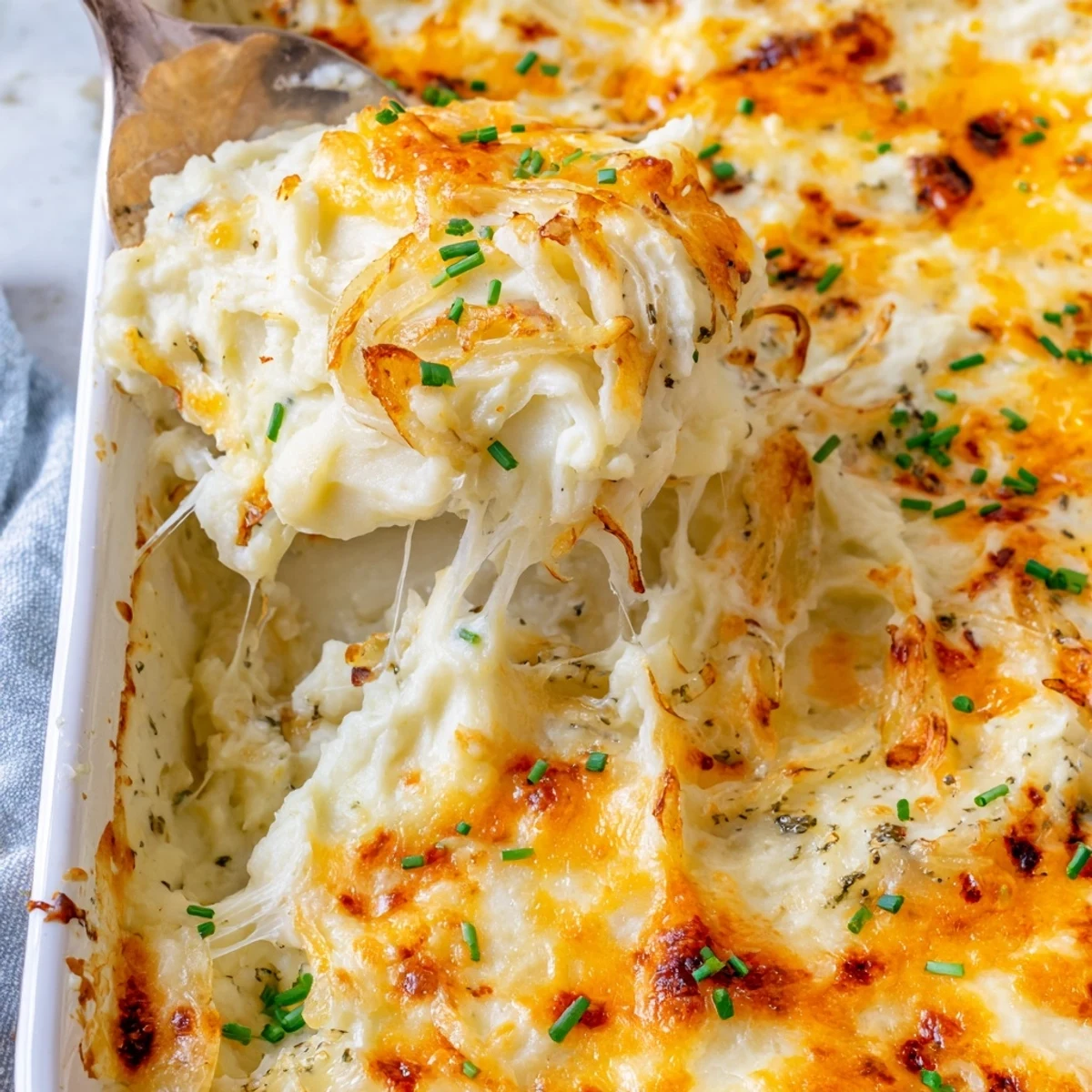 Golden bubbling cheesy onion mashed potato casserole fresh from the oven with melted cheddar topping