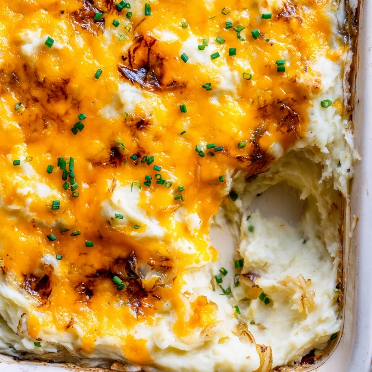 Creamy cheesy onion mashed potato casserole with caramelized onions and gooey mozzarella in a baking dish