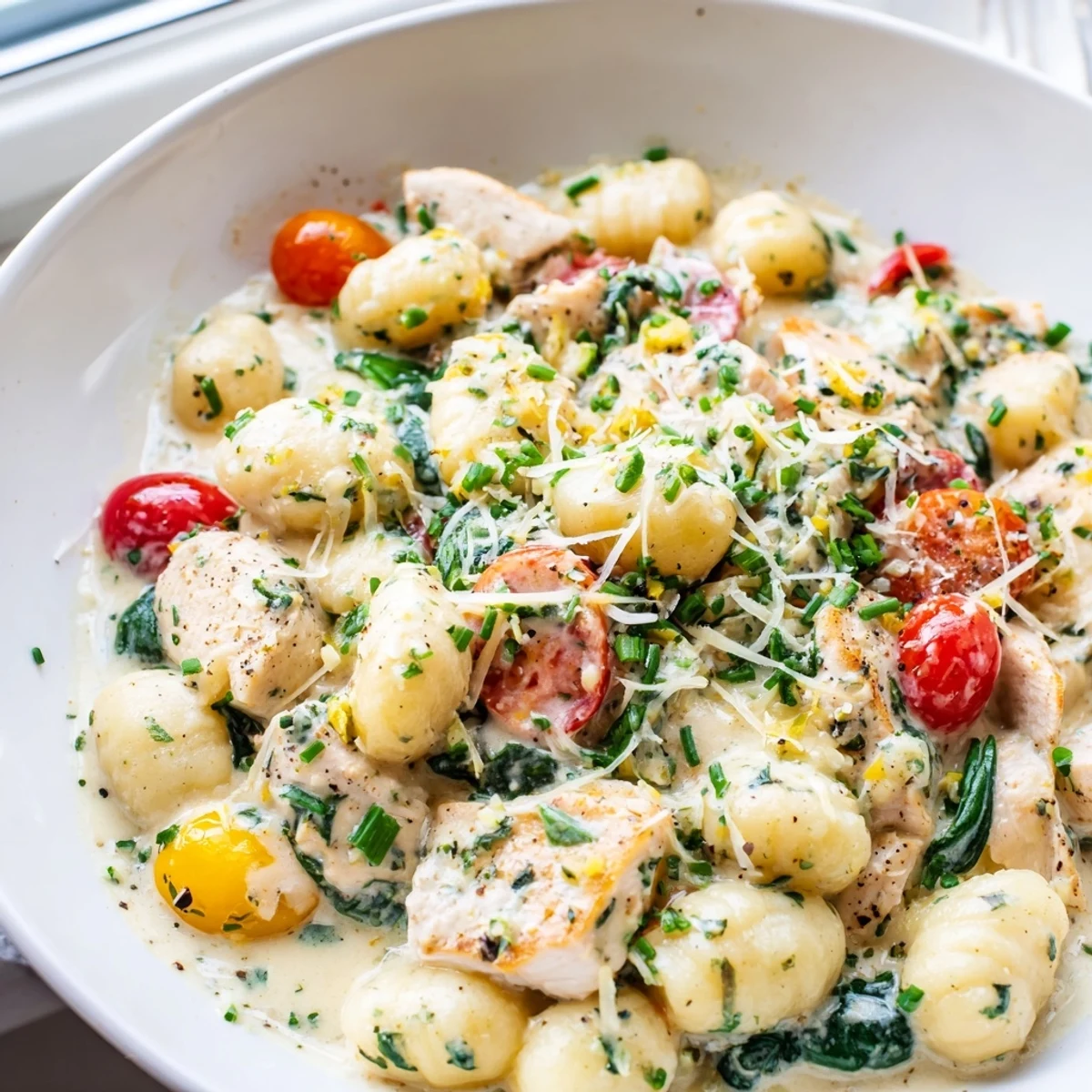 Creamy Herb Chicken Gnocchi Skillet bubbling with golden seared chicken and fresh herbs in a cast iron pan
