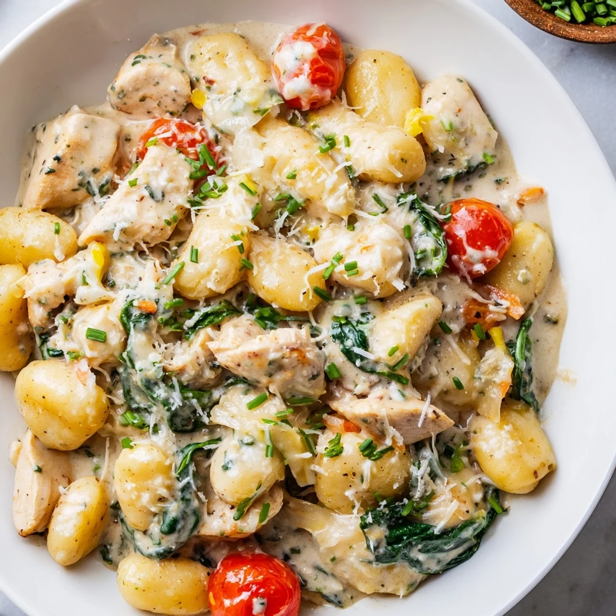 A warm bowl of Creamy Herb Chicken Gnocchi Skillet topped with wilted spinach and grated Parmesan