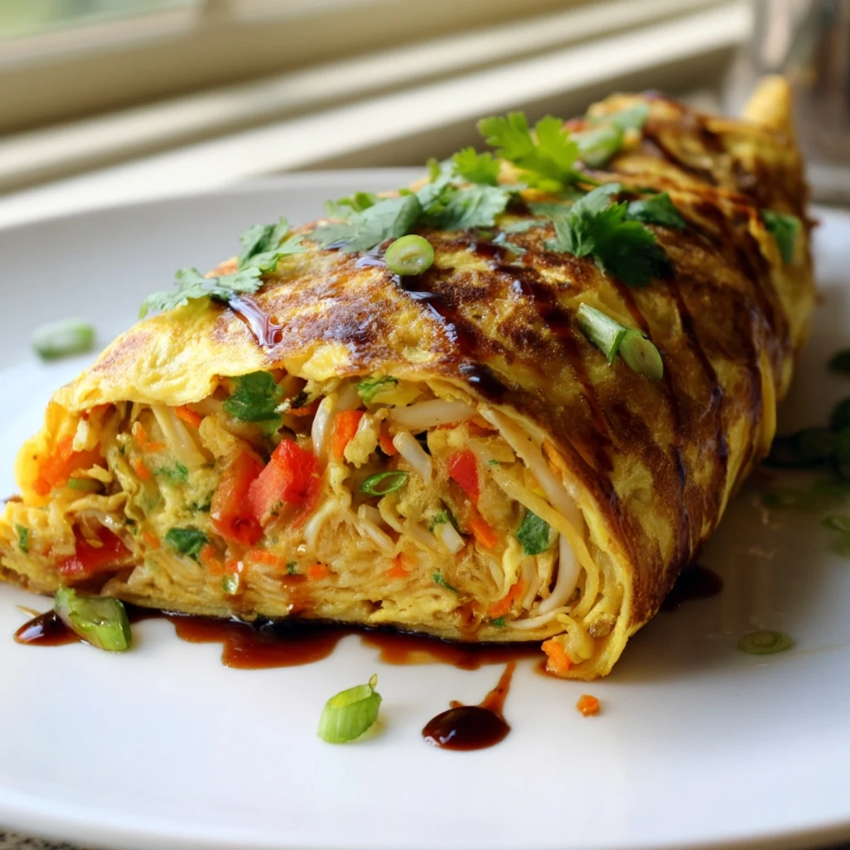 Golden Chinese omelette folded over crisp vegetables and drizzled with savory soy sauce