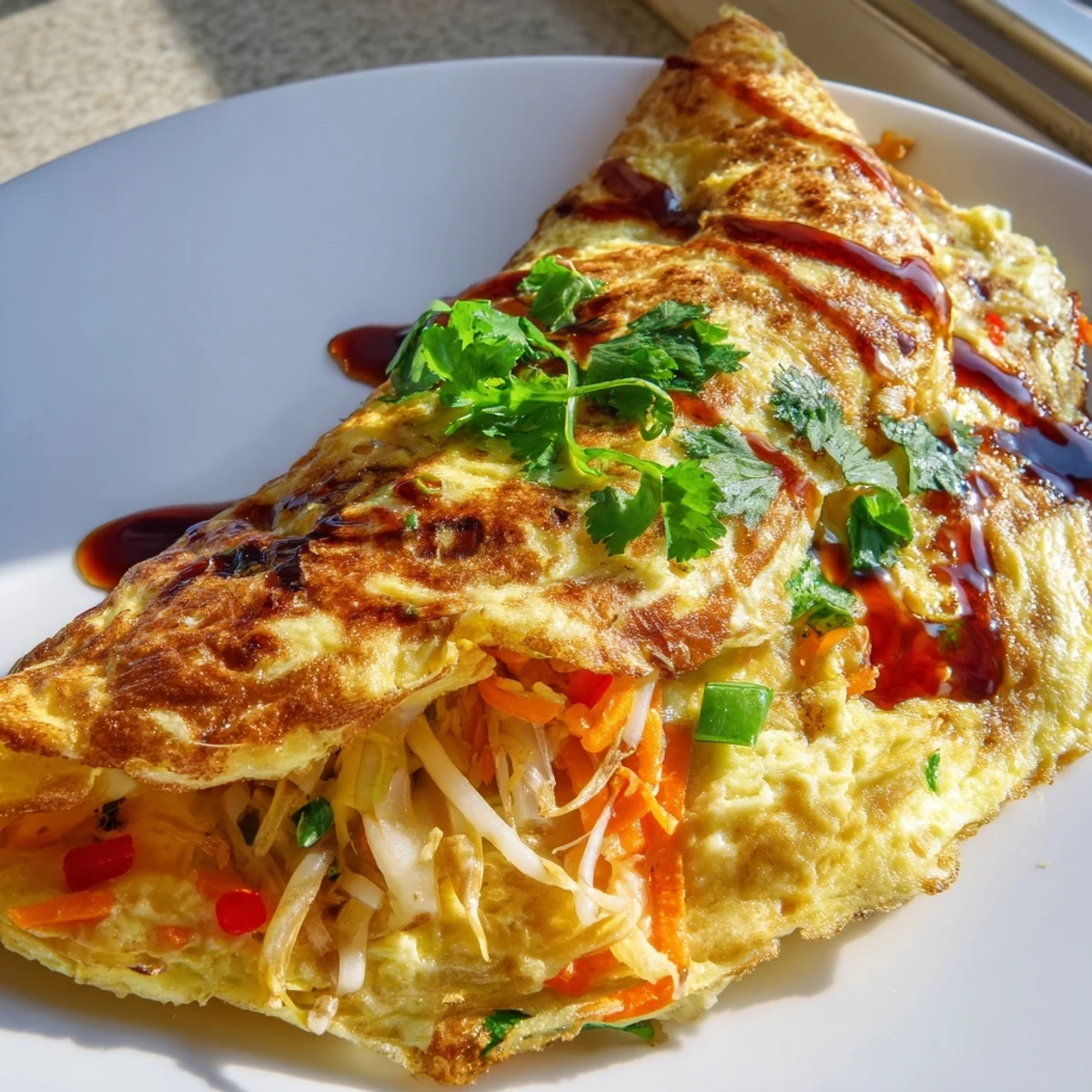 Fluffy Chinese omelette garnished with fresh scallions on a white serving plate