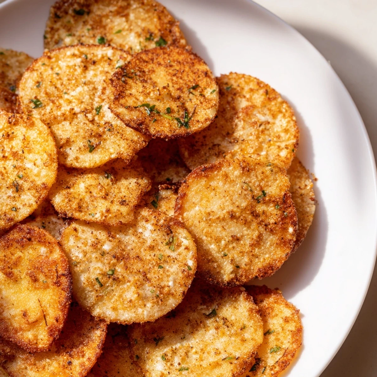 Golden crispy cottage cheese chips fresh from the oven with Parmesan and chives