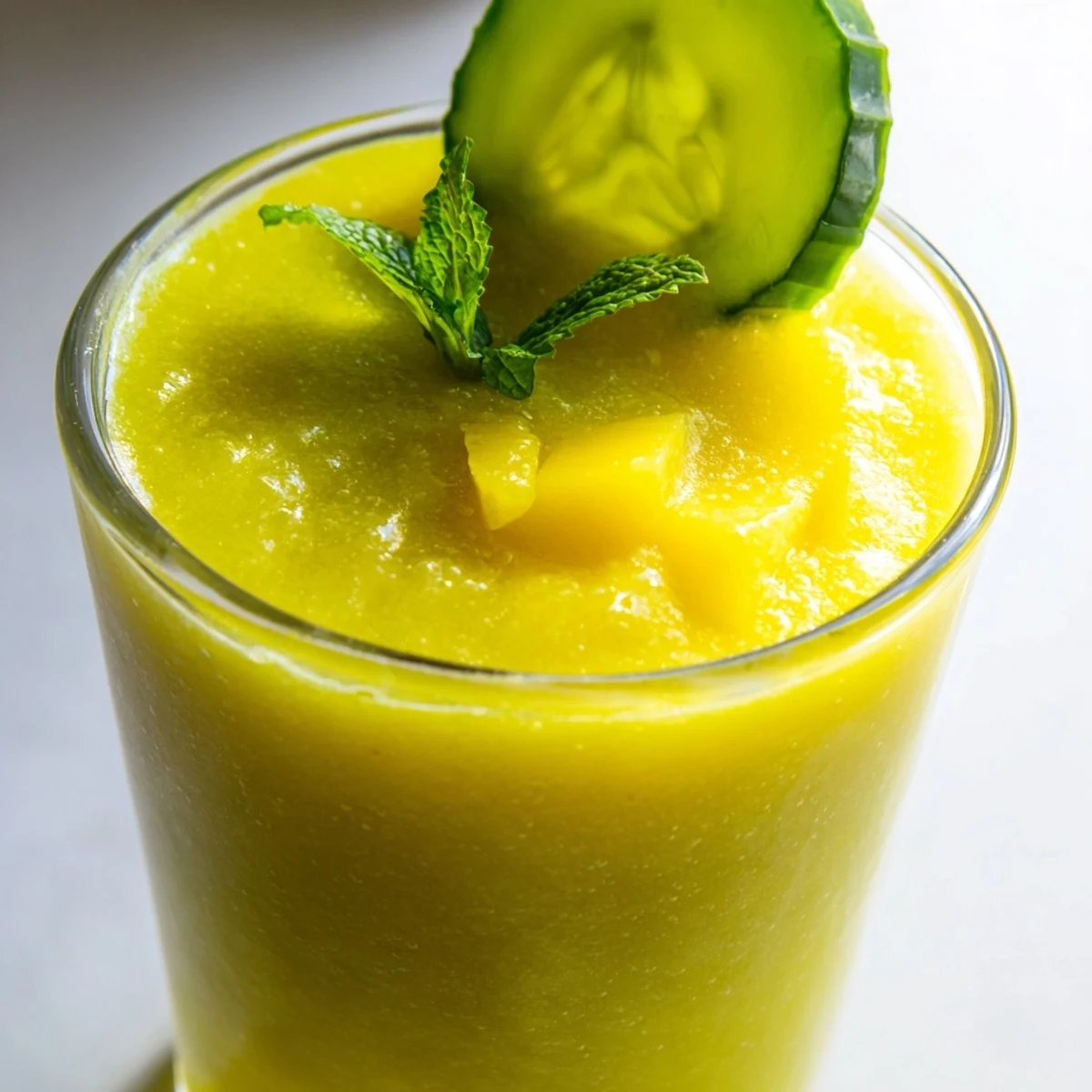 Creamy mango cucumber smoothie poured into a glass with fresh mint garnish