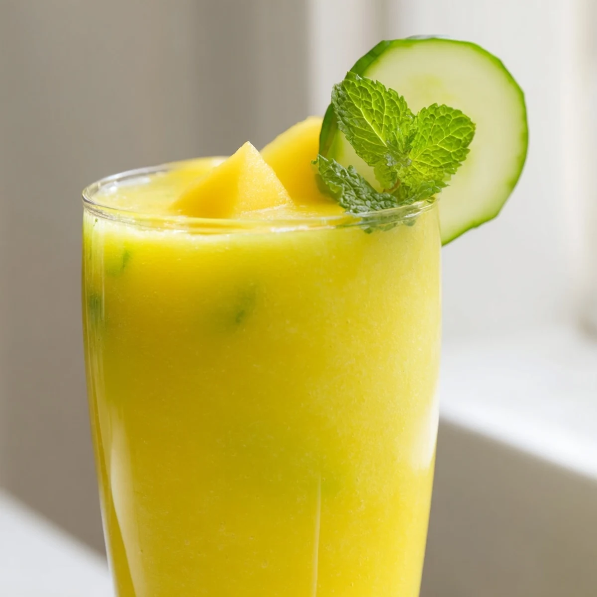 Tropical mango cucumber smoothie blended until silky and served over crushed ice