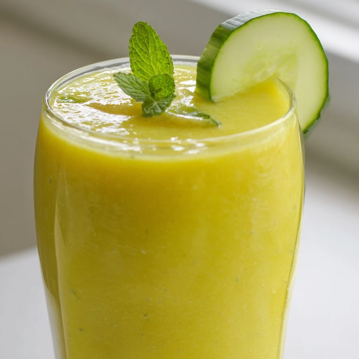 Vibrant yellow mango cucumber smoothie topped with a thin cucumber slice and mint