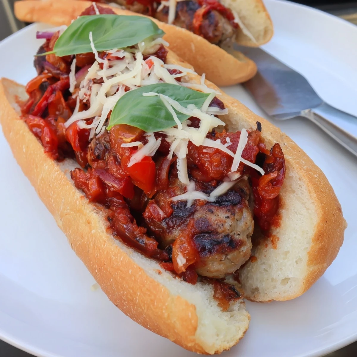 Grilled sausage grinders with smoky charred tomato sauce on crusty hoagie rolls