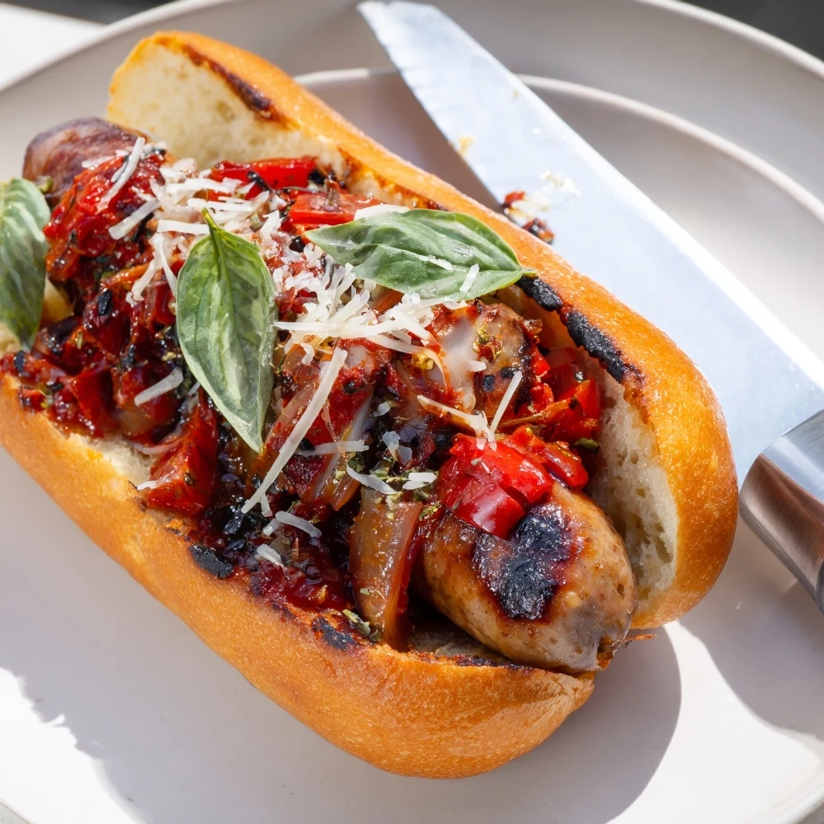 Juicy grilled sausages tucked into golden toasted rolls dripping with rich tomato sauce