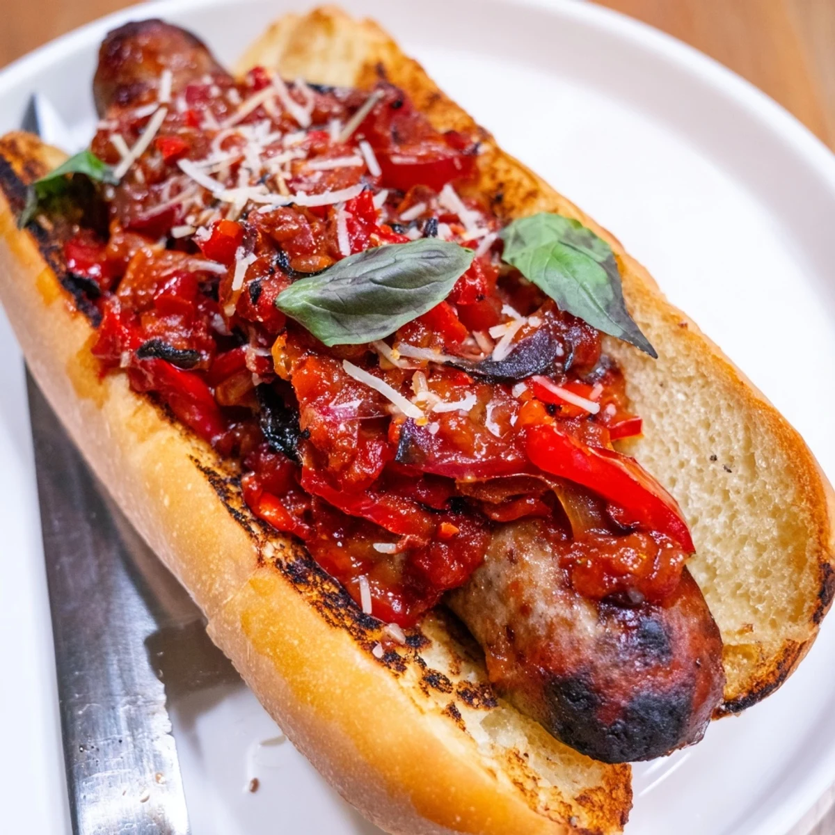Hearty grilled sausage grinders loaded with melted mozzarella and chunky grilled tomato sauce