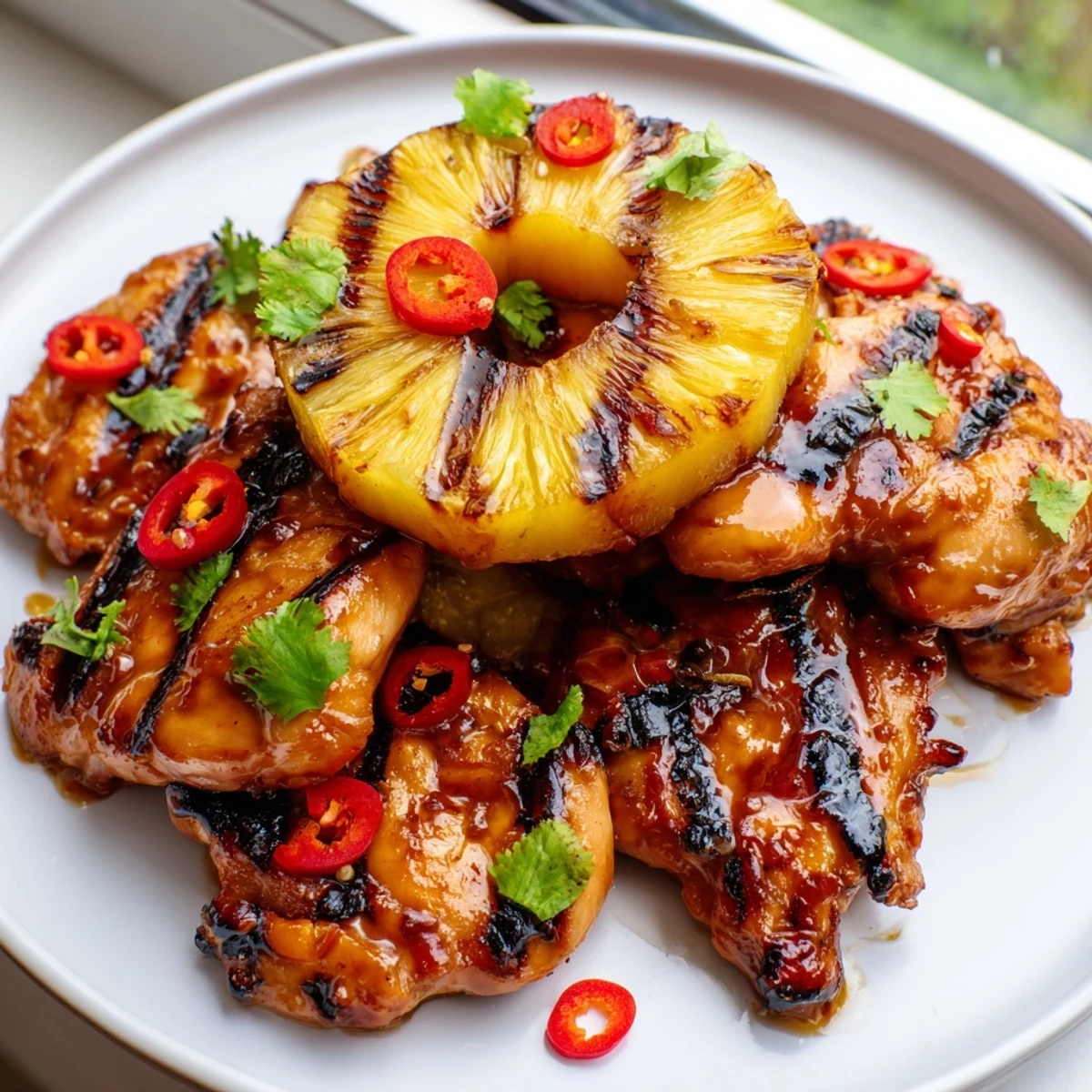Chili Pineapple Grilled Chicken topped with caramelized pineapple rings and fresh cilantro