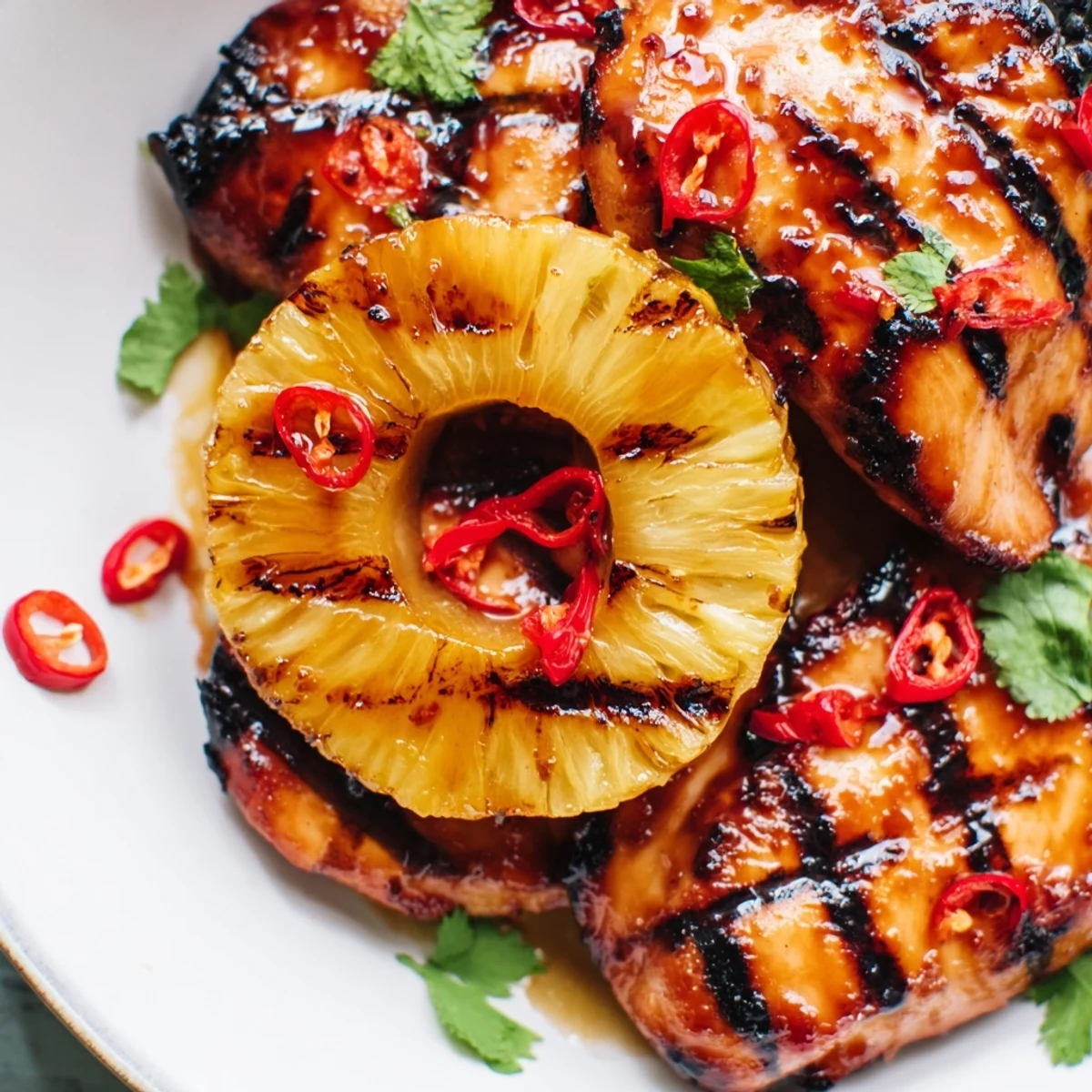 Golden Chili Pineapple Grilled Chicken plated with charred pineapple and sliced red chili