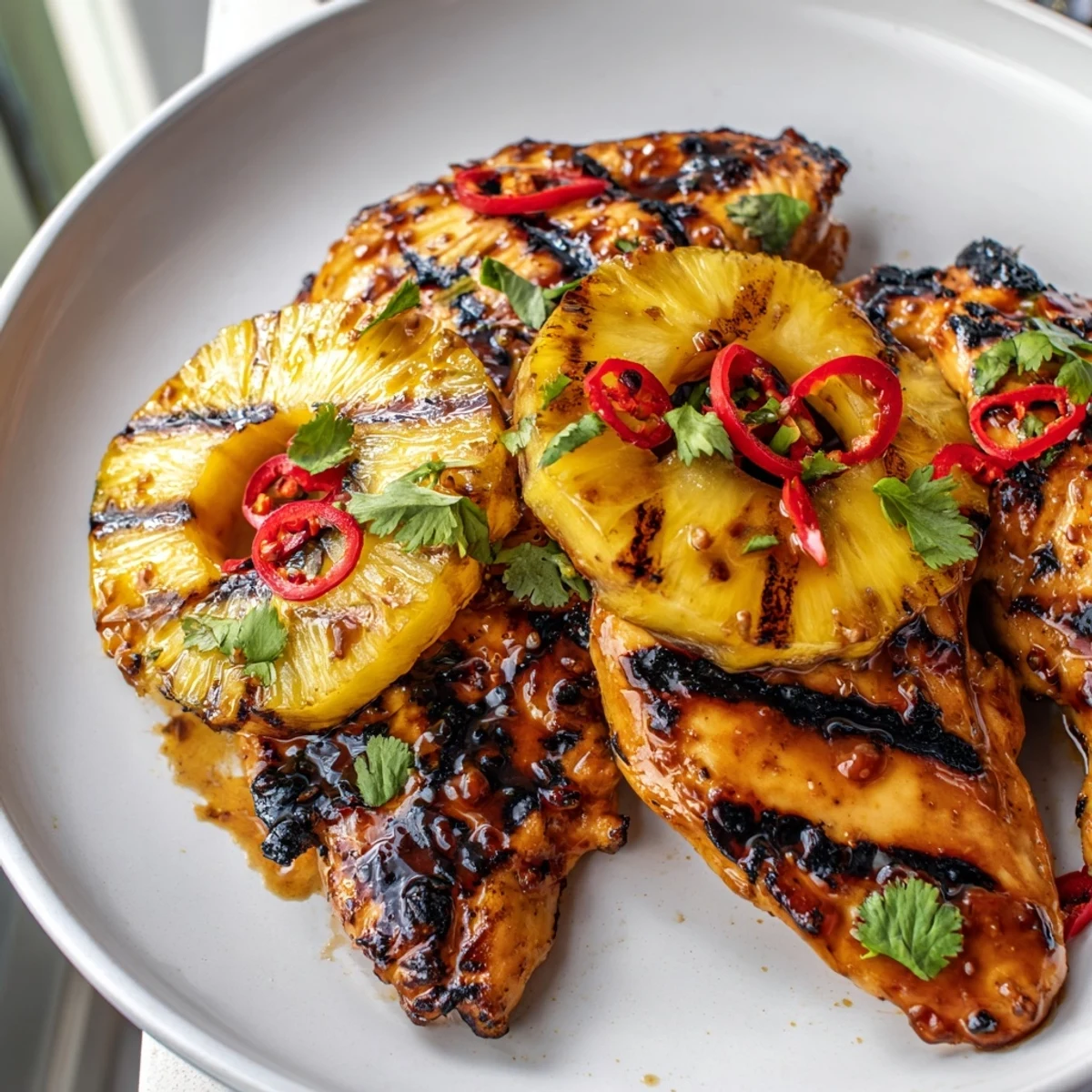 Juicy Chili Pineapple Grilled Chicken sizzling on a hot summer barbecue grill