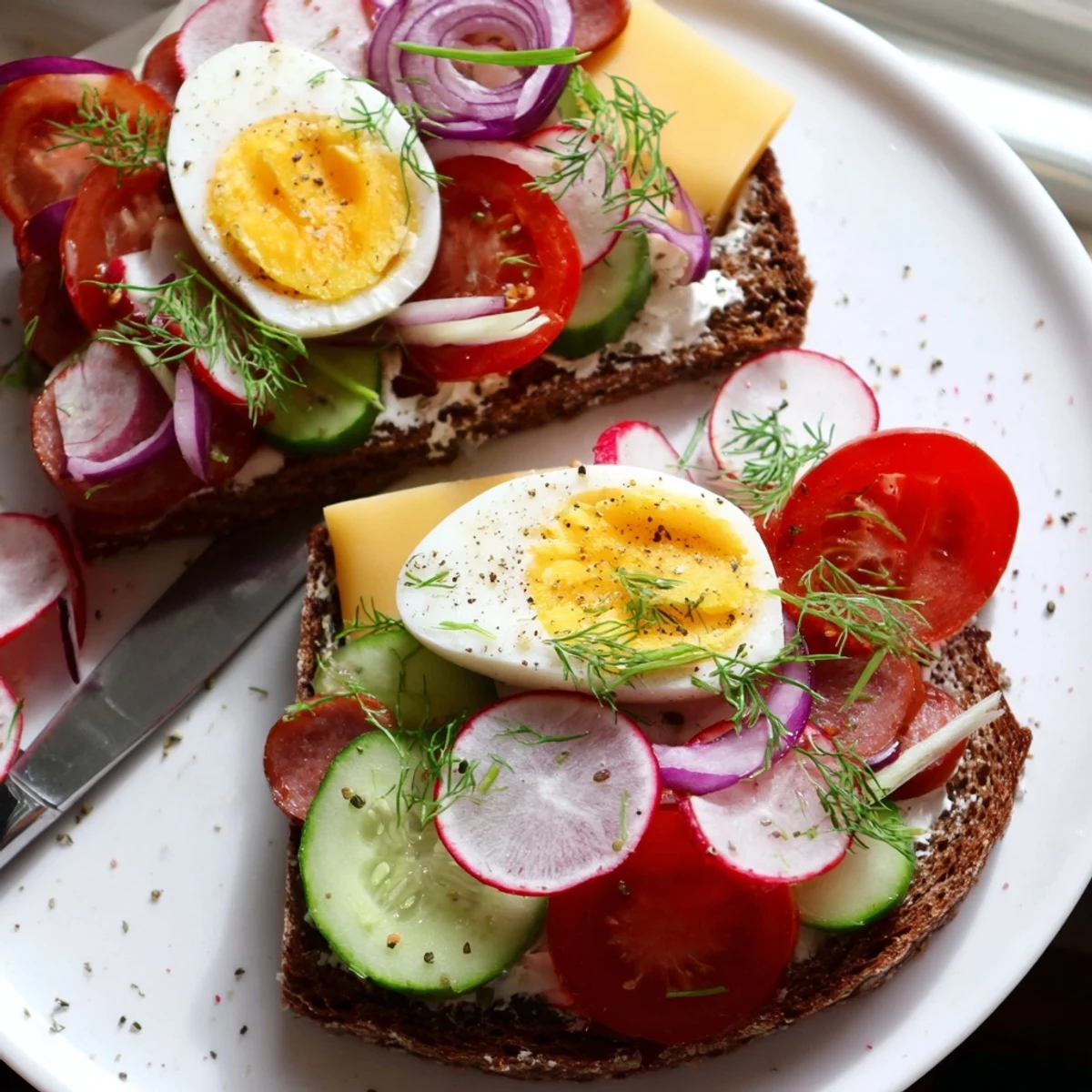 Colorful open faced Polish sandwiches topped with fresh veggies and sliced kielbasa on rye