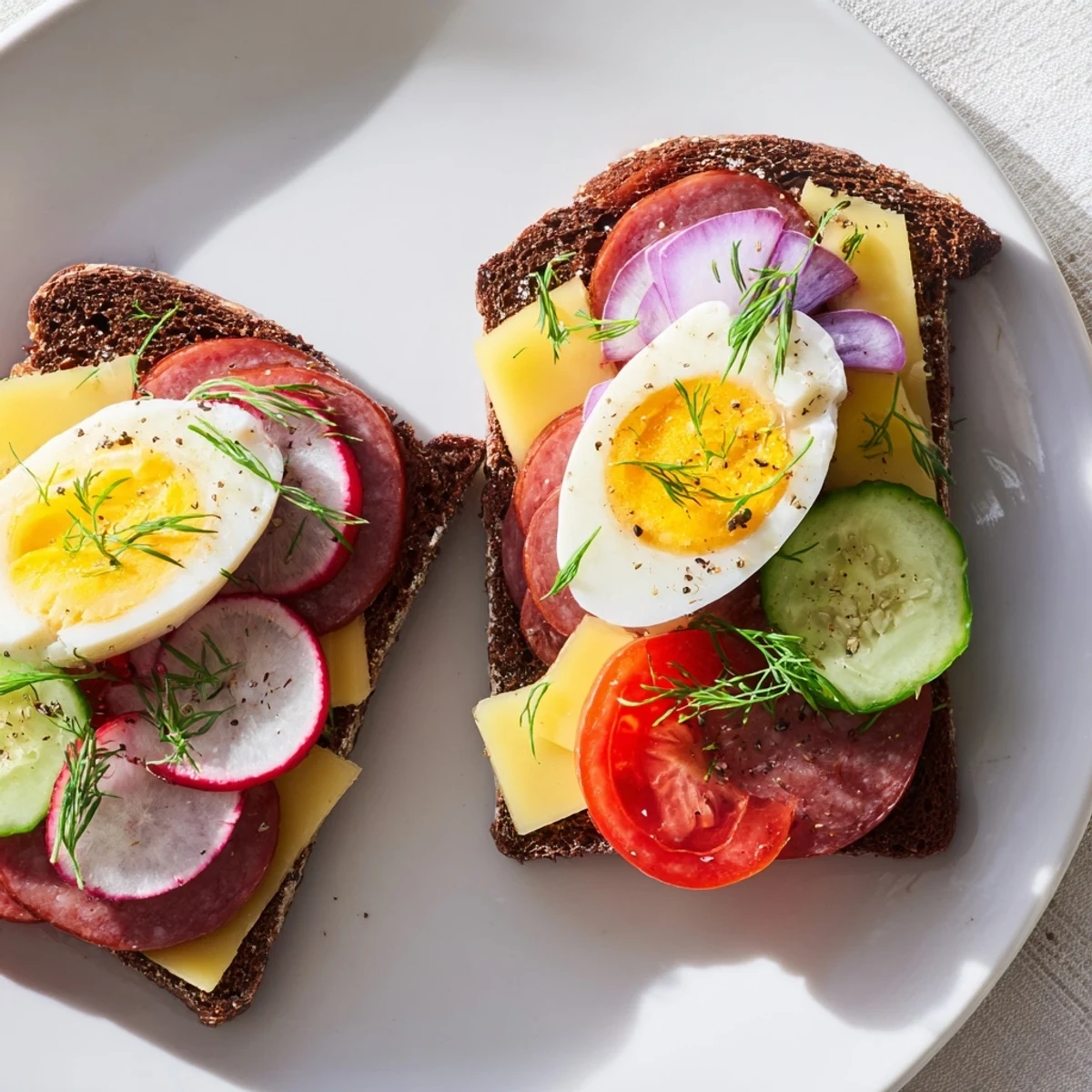 Crispy rye bread layered with cheese tomato and herbs for open faced Polish sandwiches