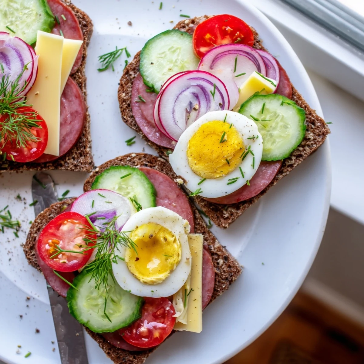 Savory open faced Polish sandwiches garnished with radish cucumber and fresh dill sprigs