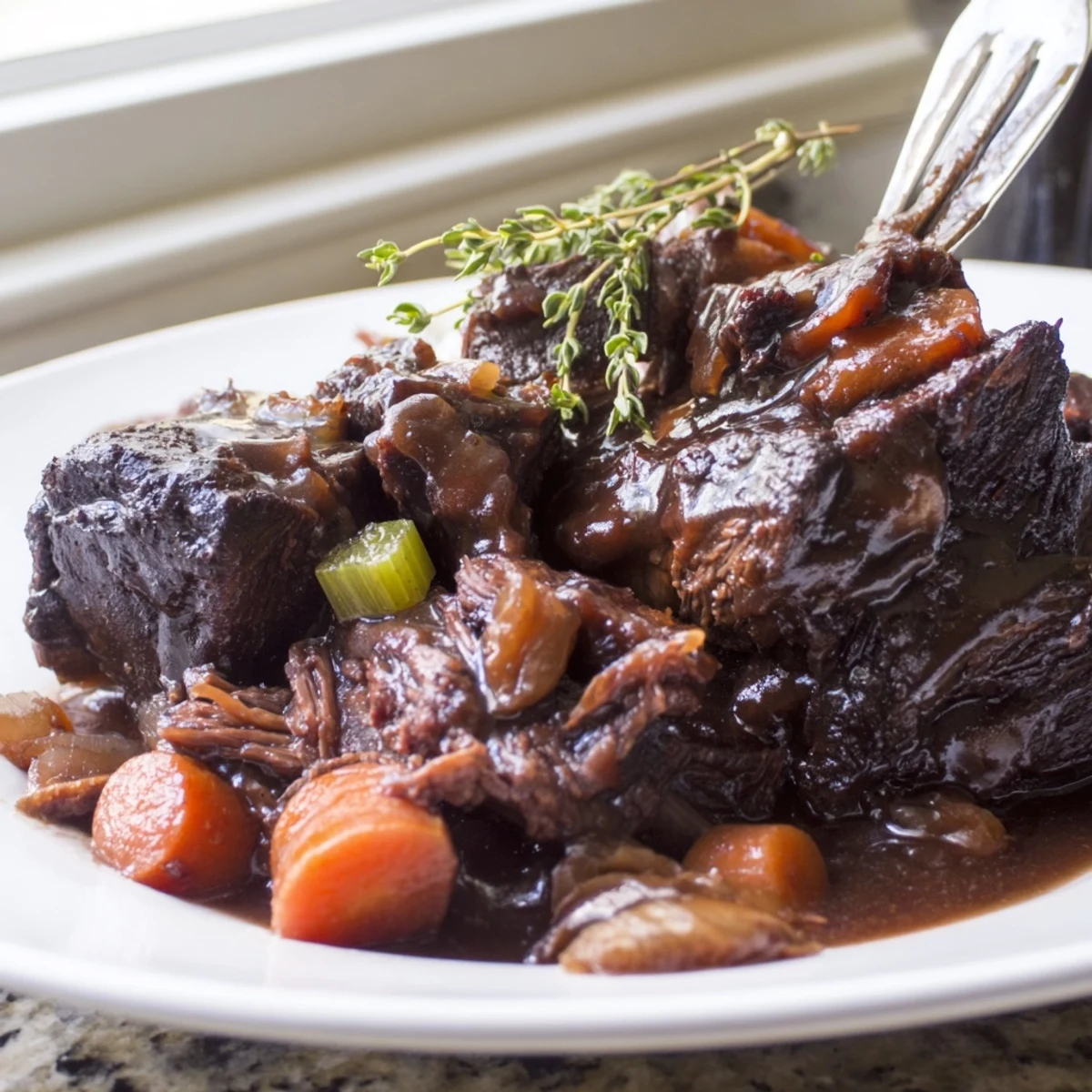 Tender oven braised beef short ribs nestled in a deep, velvety sauce with carrots and aromatic herbs.
