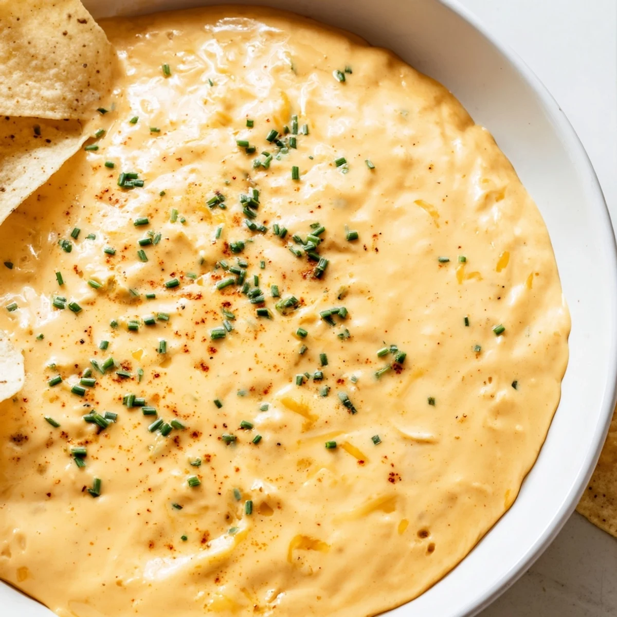 Smooth melted cheddar cheese dip topped with fresh green chives