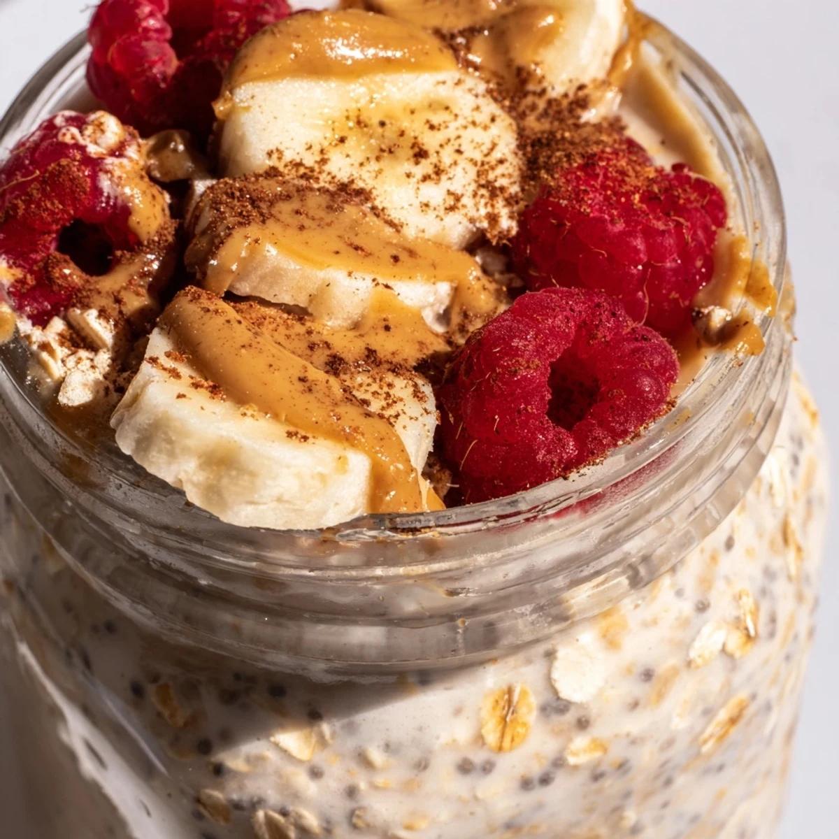 Creamy protein overnight oats topped with fresh berries in a glass jar