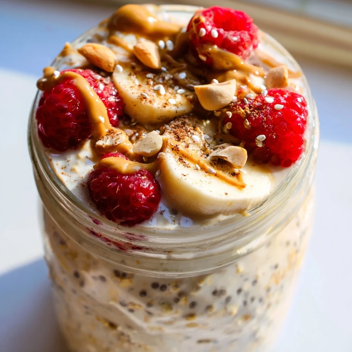 Thick vanilla protein overnight oats layered with sliced banana and chia seeds