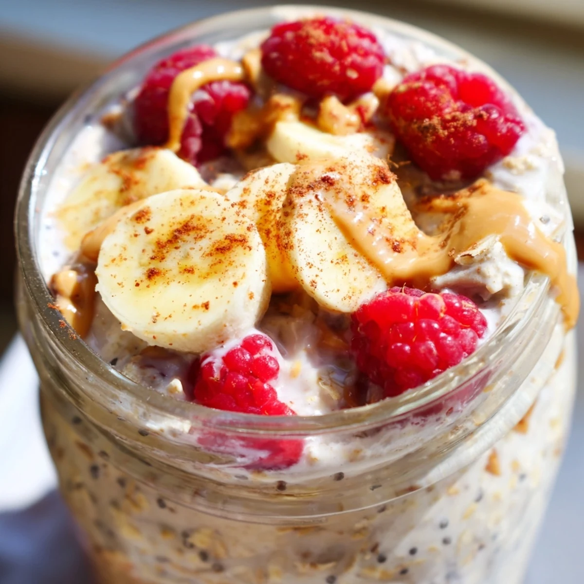 Spoon dipping into rich protein overnight oats garnished with a nut butter drizzle