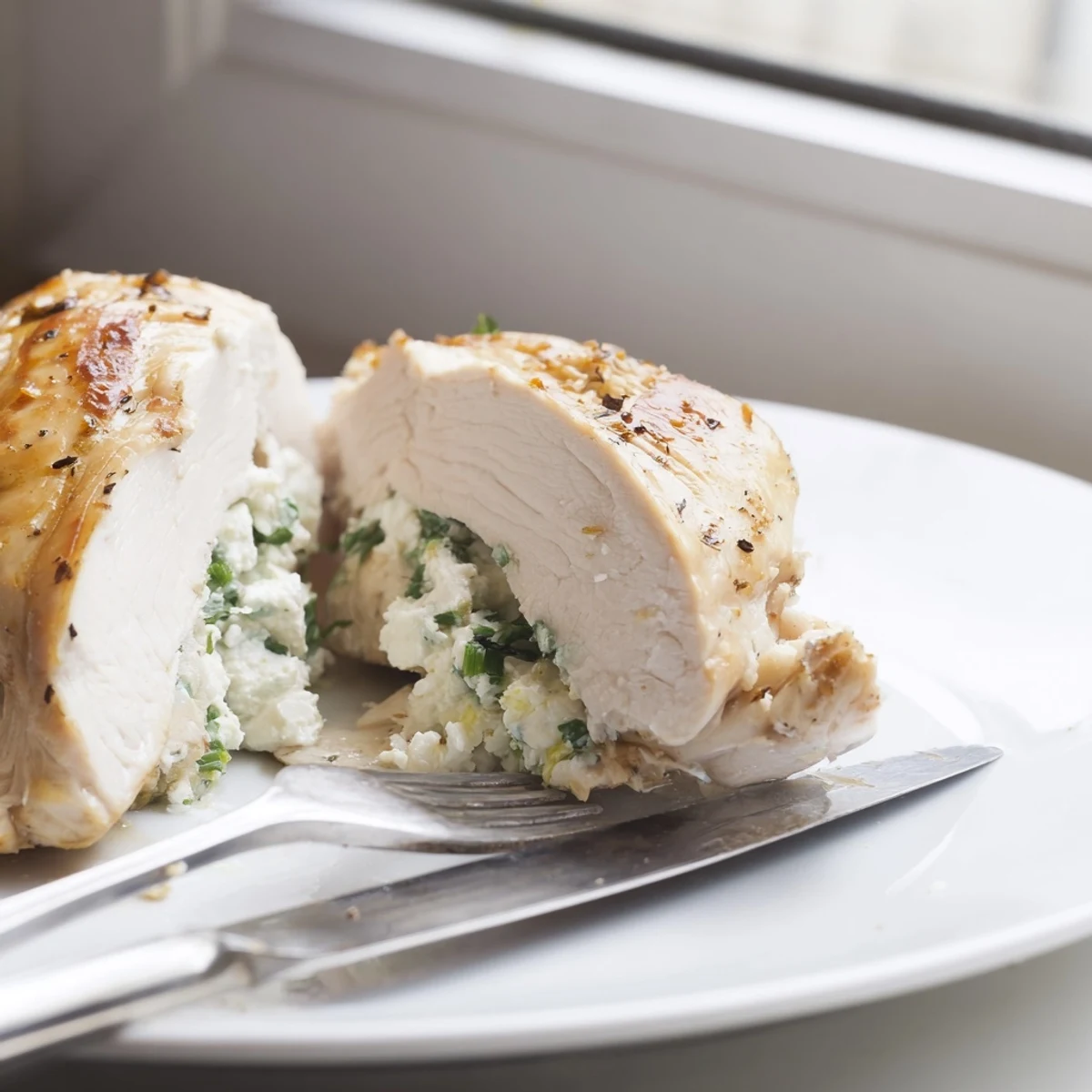 Golden goat cheese chicken breasts fresh from the oven, oozing with herb filling