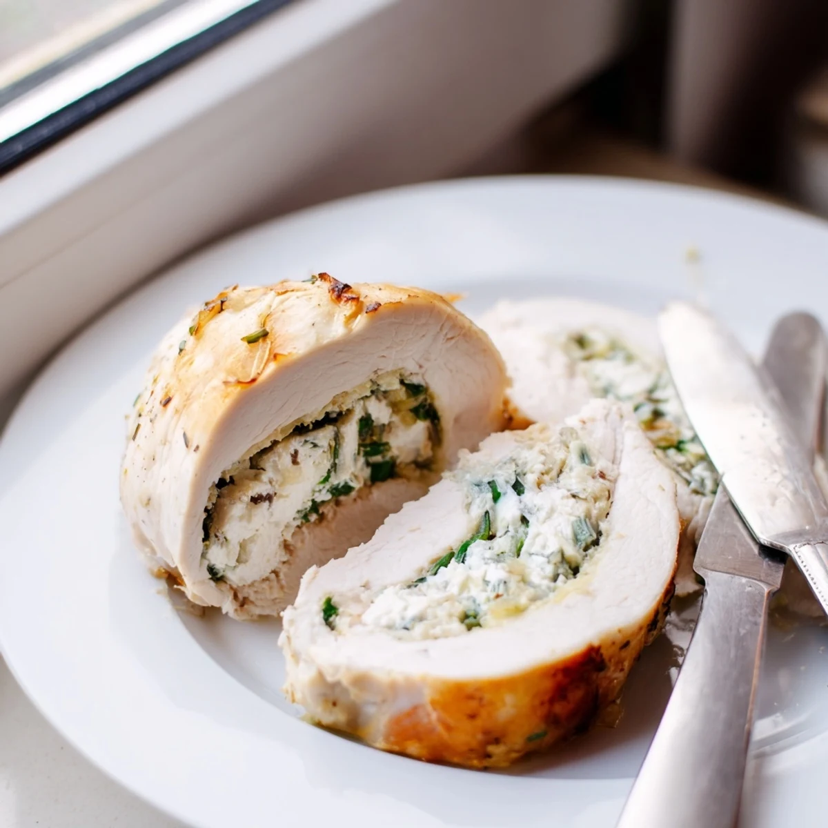 Juicy goat cheese chicken sliced open to reveal creamy lemon herb filling