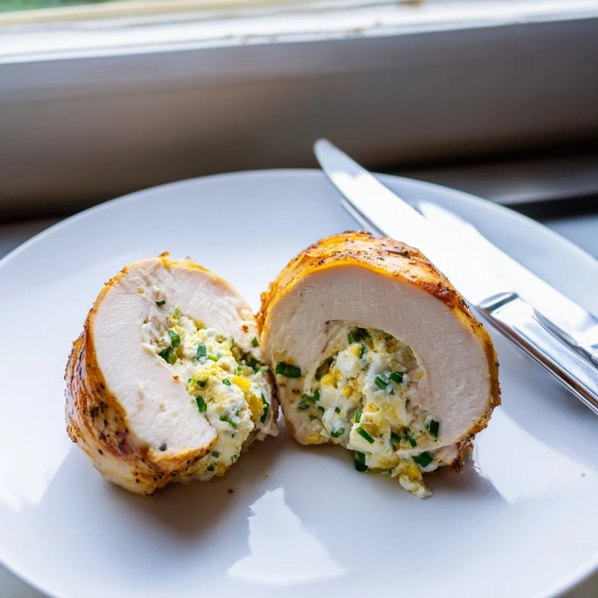 Perfectly baked goat cheese chicken garnished with chives on a white platter