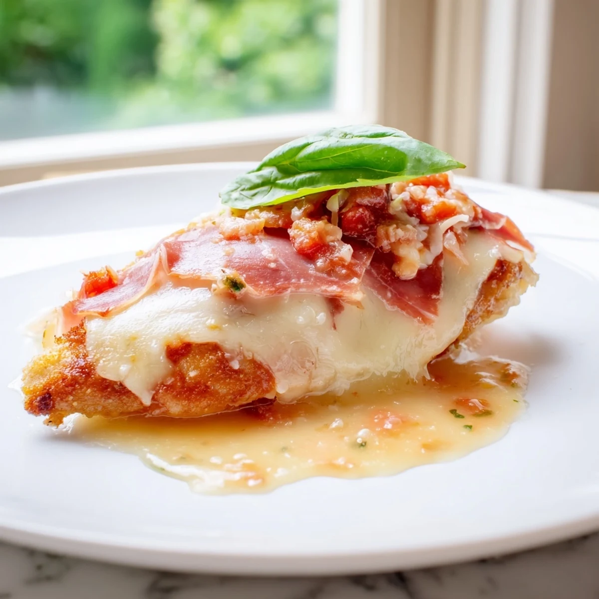 Golden chicken Valdostana topped with melted Fontina and crispy prosciutto in rich tomato sauce