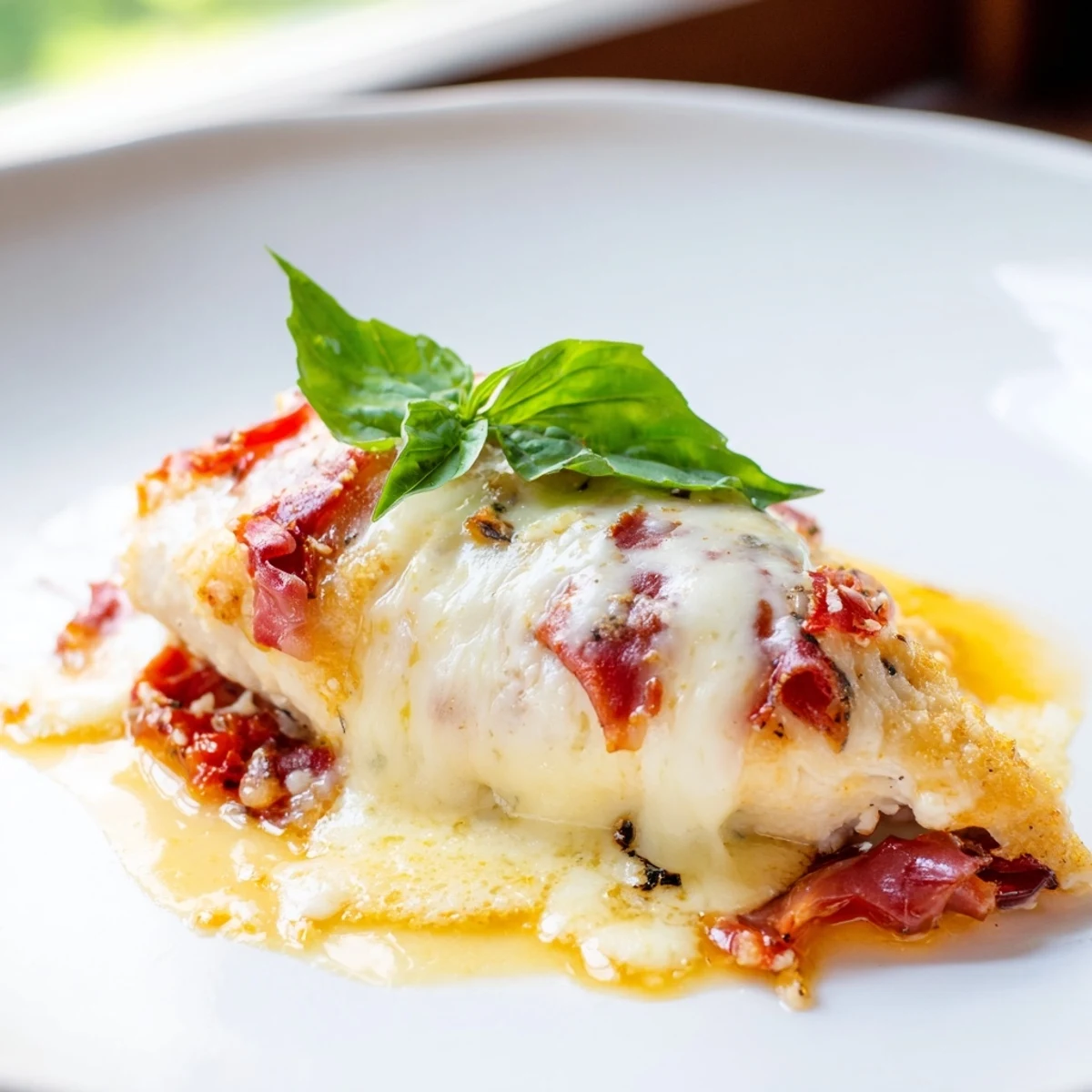 Creamy chicken Valdostana with gooey cheese and savory ham resting in a white wine tomato sauce