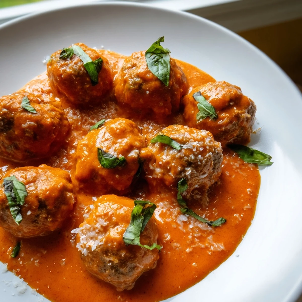 Golden brown meatballs nestled in creamy tomato basil sauce with fresh herb garnish