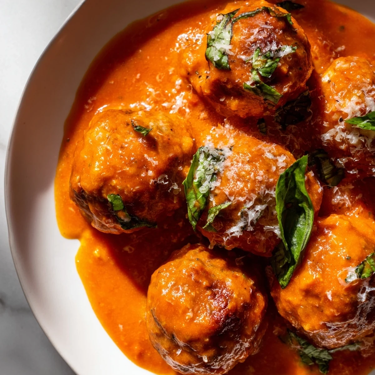 Tender creamy tomato basil meatballs served over steamed pasta in a white bowl