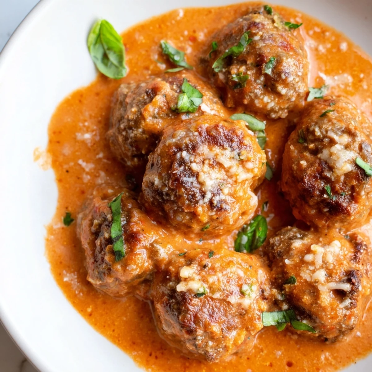 Savory meatballs swimming in a rich, velvety creamy tomato basil sauce with parmesan