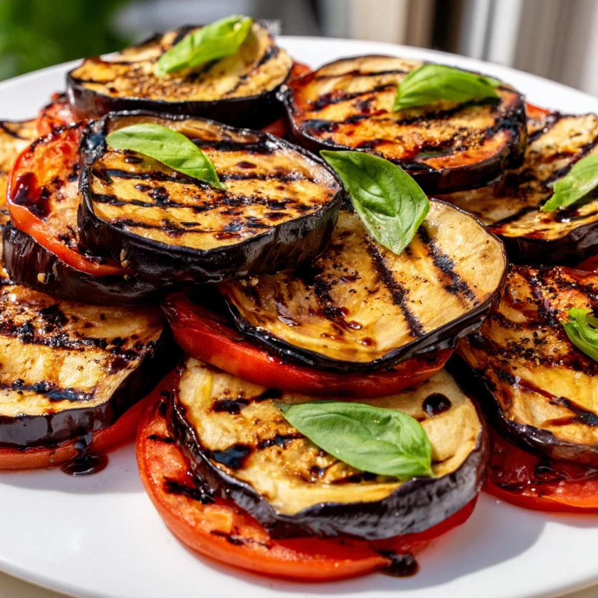 Charred grilled tomato eggplant slices layered on a platter with fresh basil and balsamic glaze