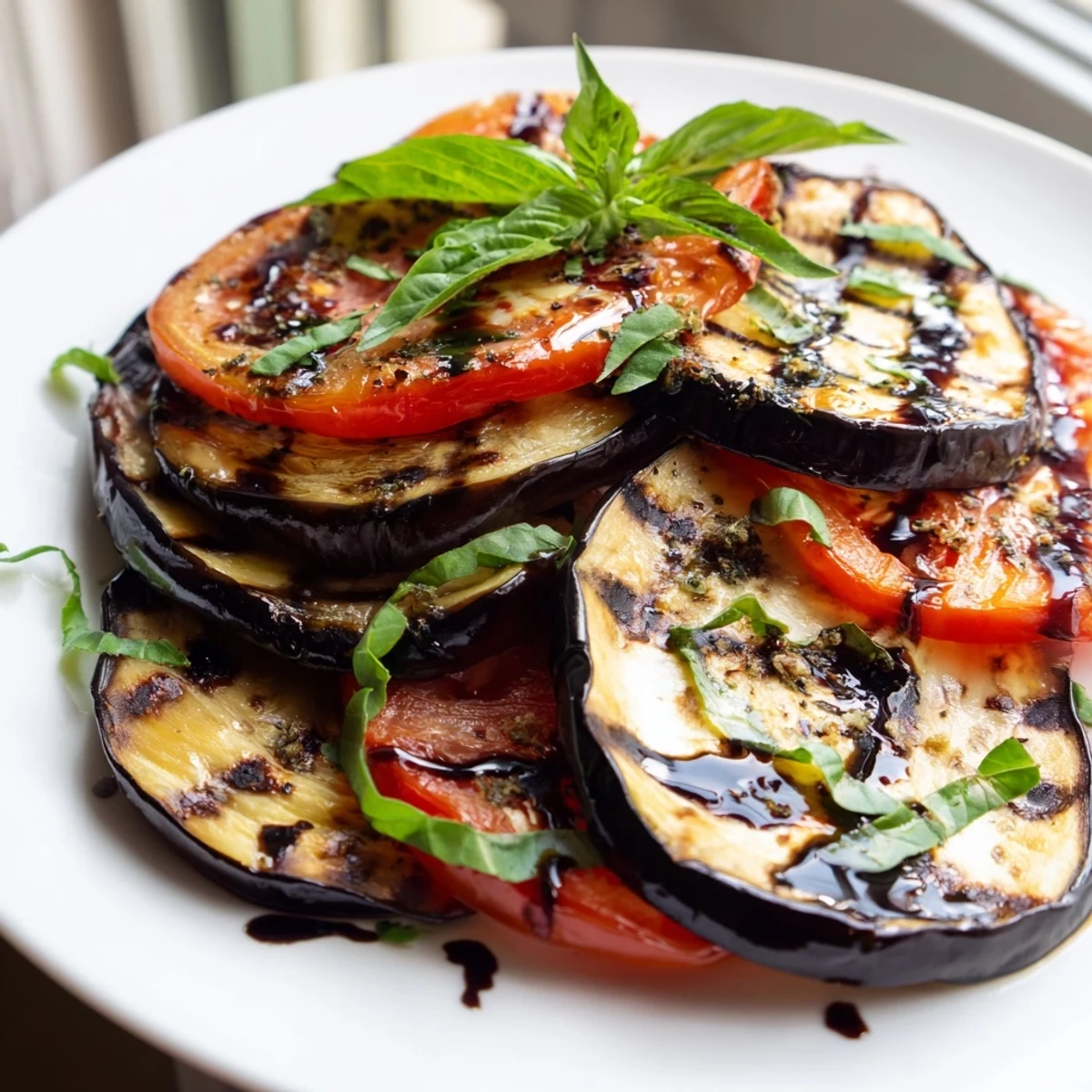 Tender grilled eggplant and juicy ripe tomatoes stacked alternately on a rustic Mediterranean serving dish
