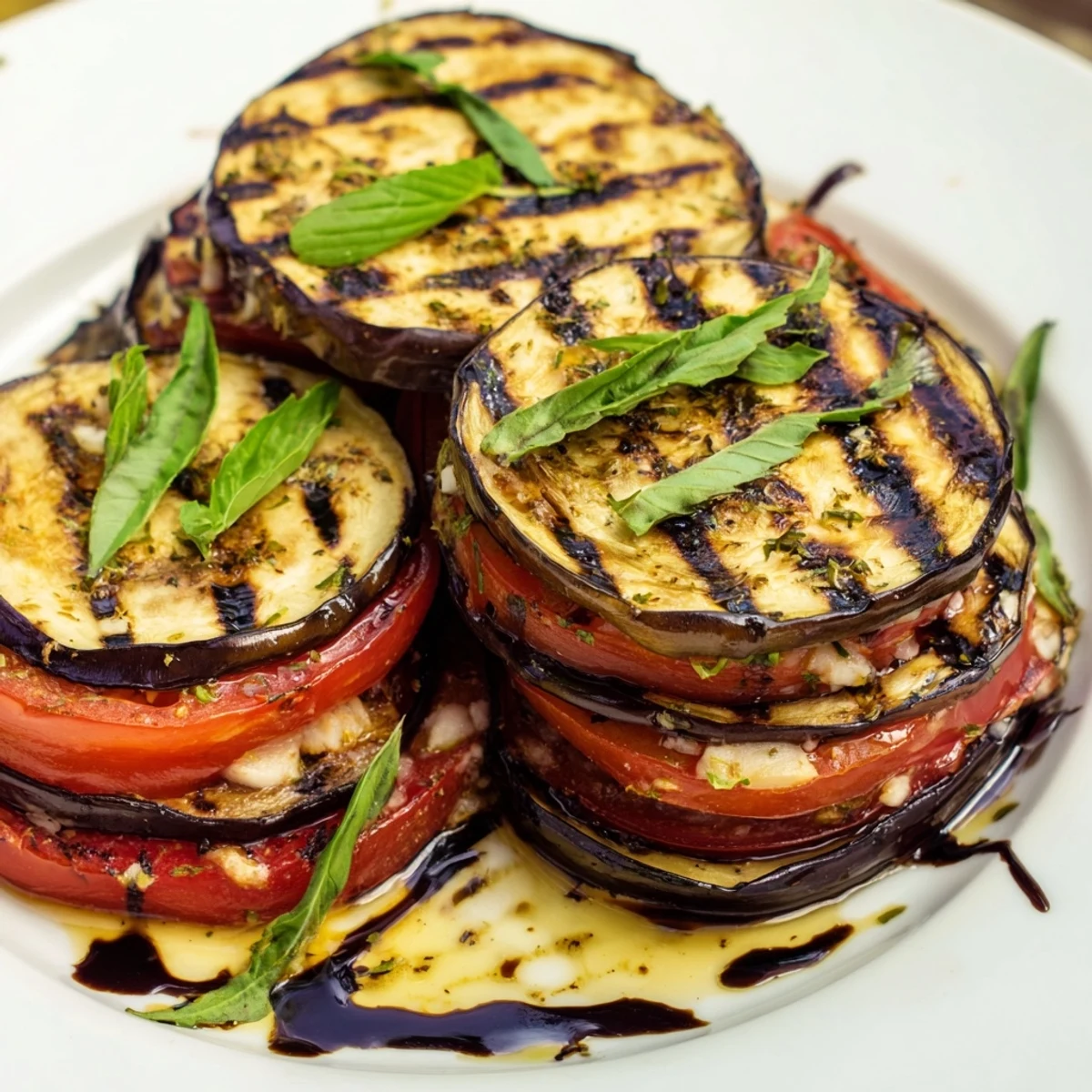 Smoky grilled tomato eggplant drizzled with balsamic glaze and garnished with fragrant basil leaves