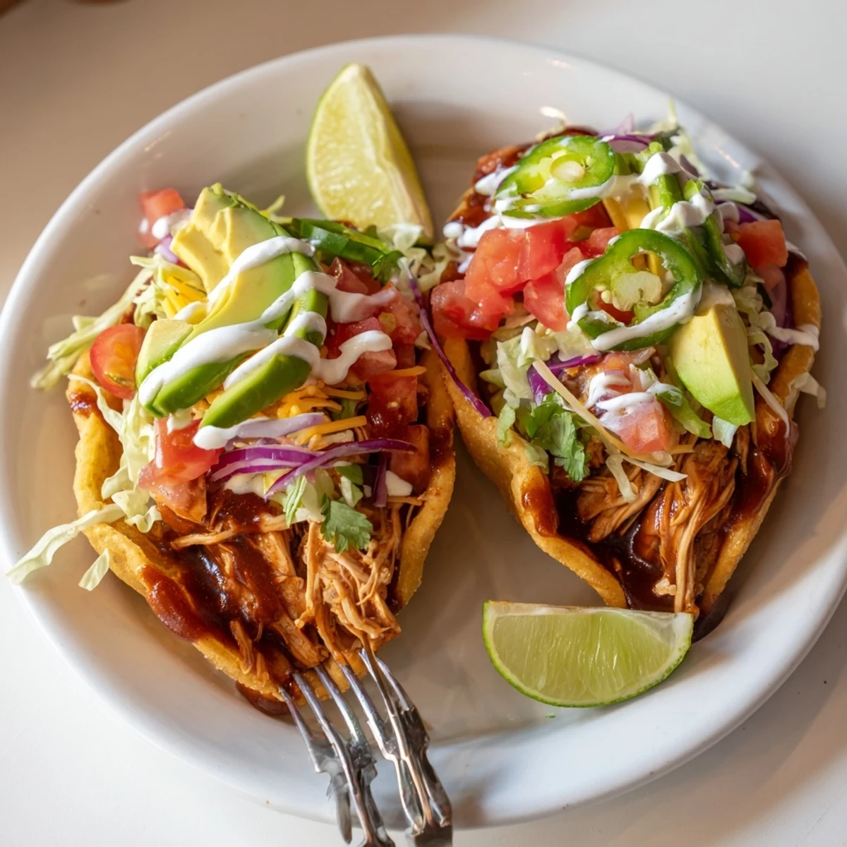 Crispy sweet smoky BBQ chicken tostadas piled high with fresh lettuce and melted cheddar cheese