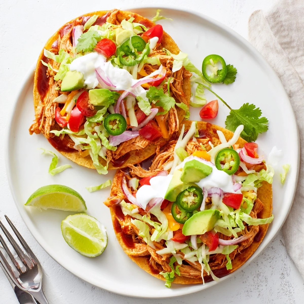 Golden tostada shells topped with tender BBQ chicken, ripe avocado slices, and a creamy sour cream drizzle