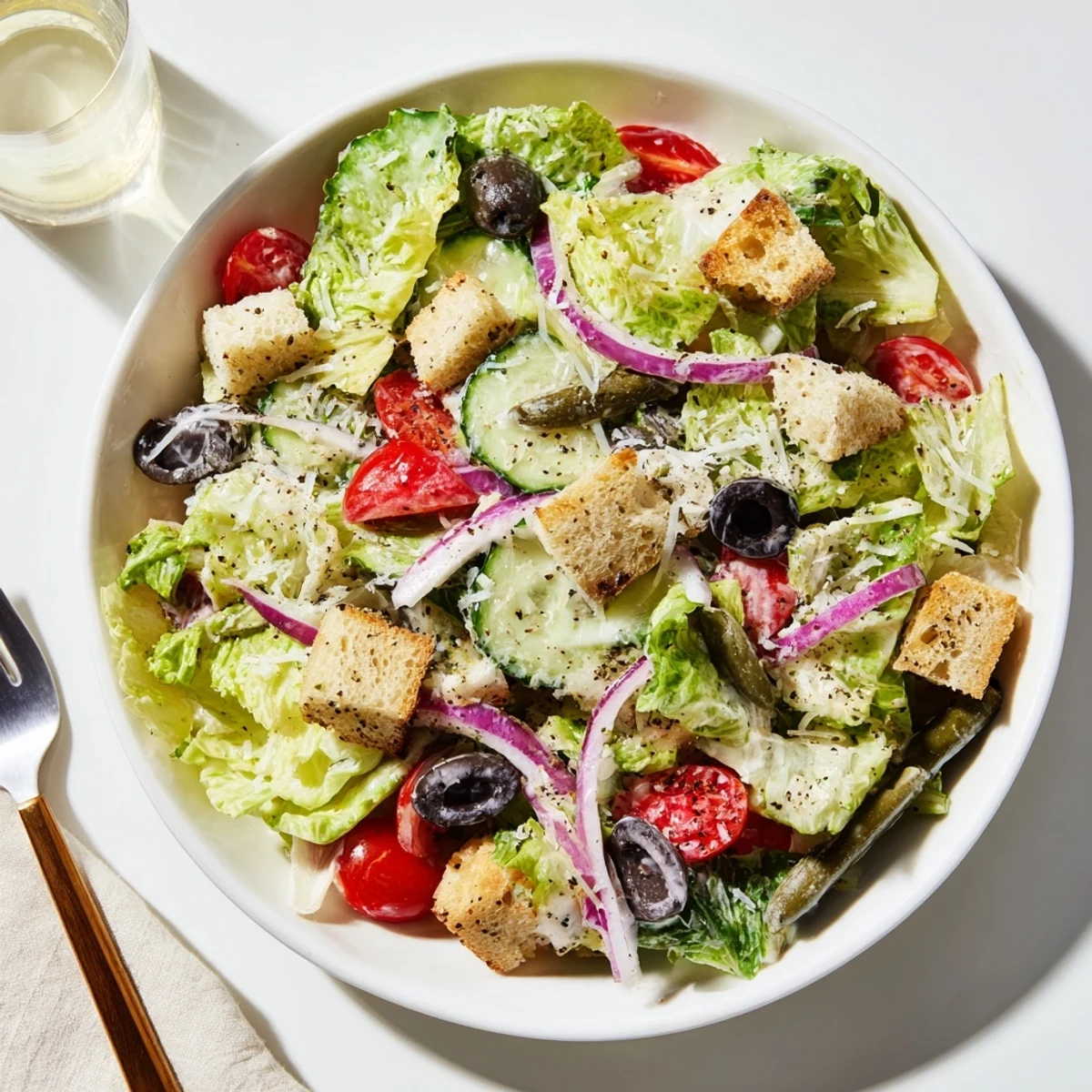 Fresh romaine Olive Garden Salad glistening with zesty vinaigrette, ripe tomatoes, and pepperoncini.