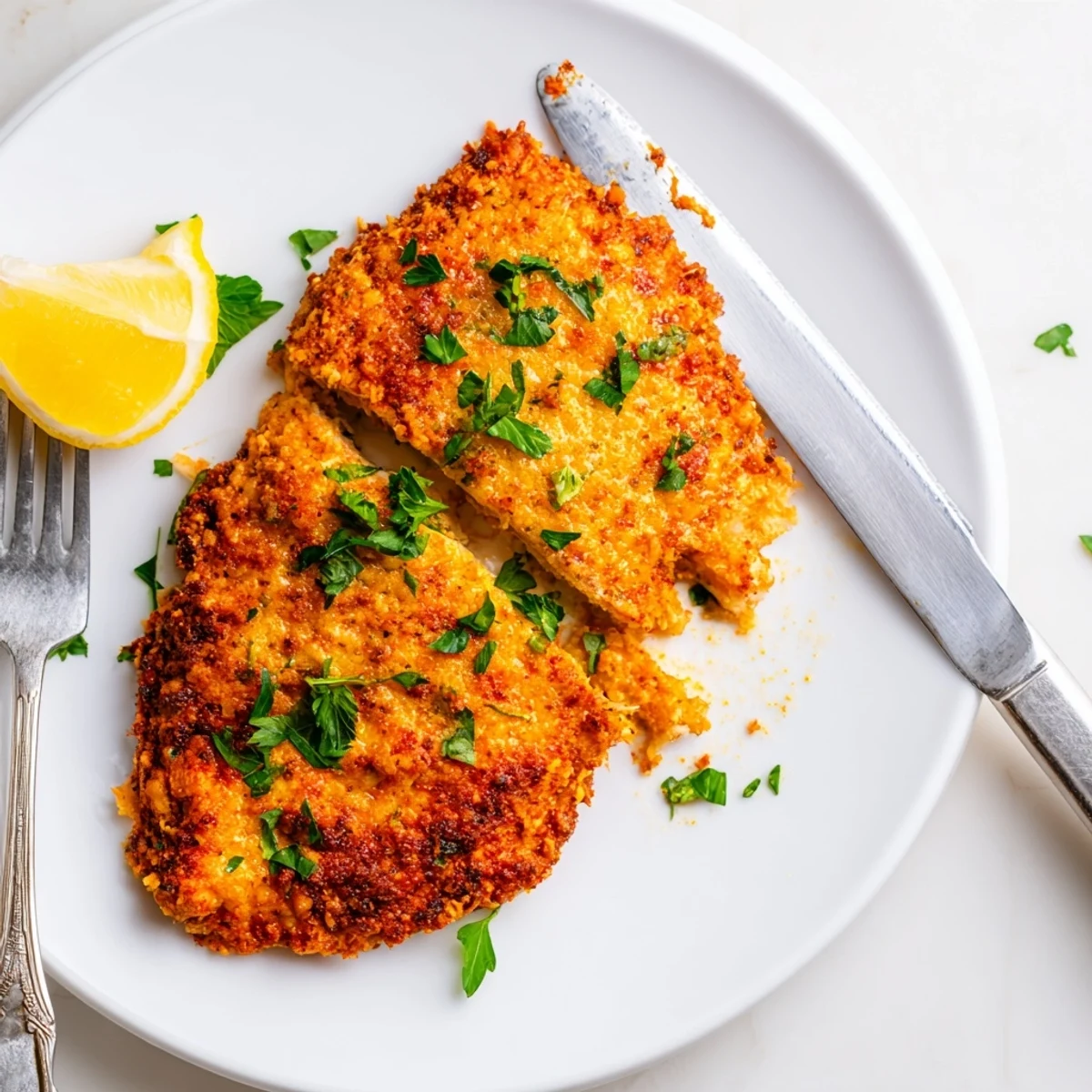Golden Paprika Parmesan Chicken with a crispy herb crust fresh from the oven