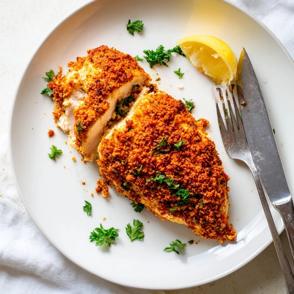 Crispy baked Paprika Parmesan Chicken breasts garnished with parsley and bright lemon wedges
