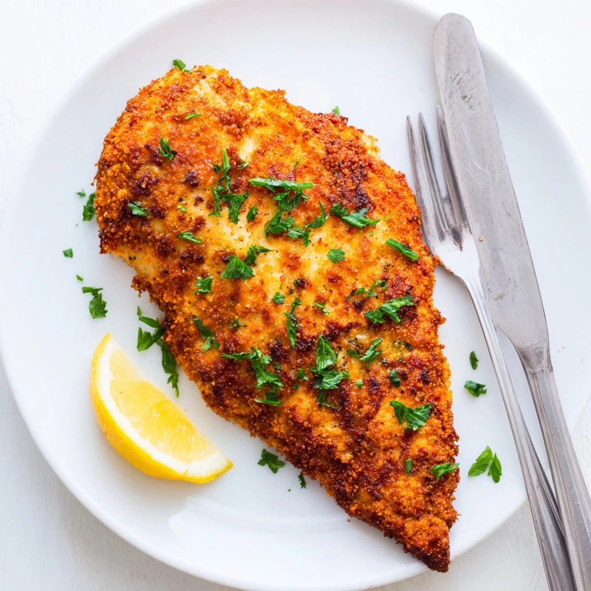Juicy Paprika Parmesan Chicken cut open revealing tender meat under a spiced cheese crust