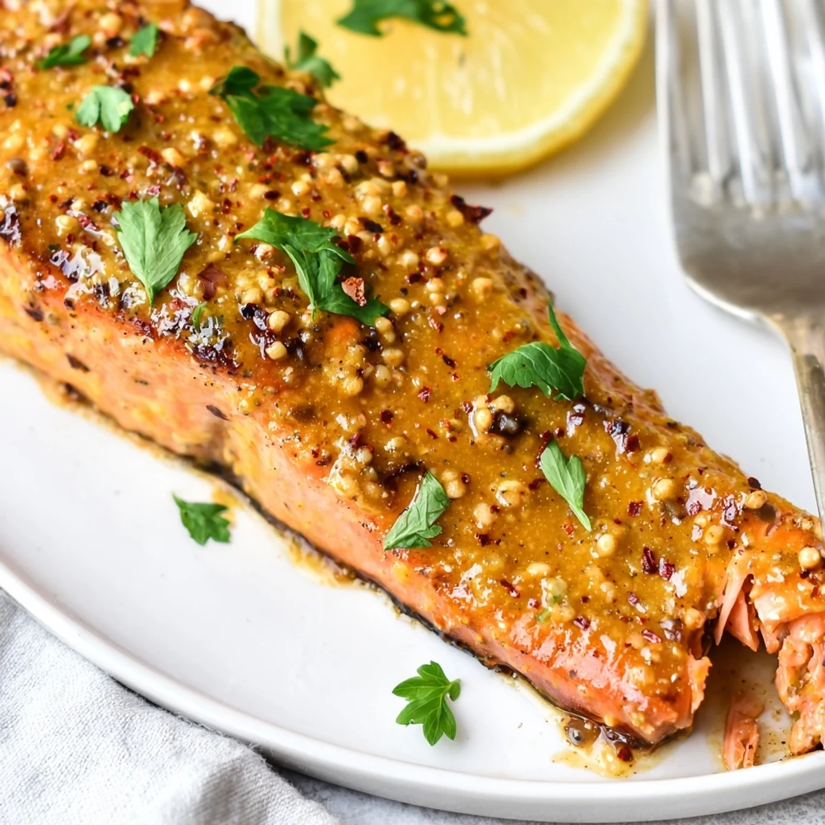 Golden baked honey mustard salmon fillets glistening with a sweet, caramelized glaze on a parchment-lined baking sheet